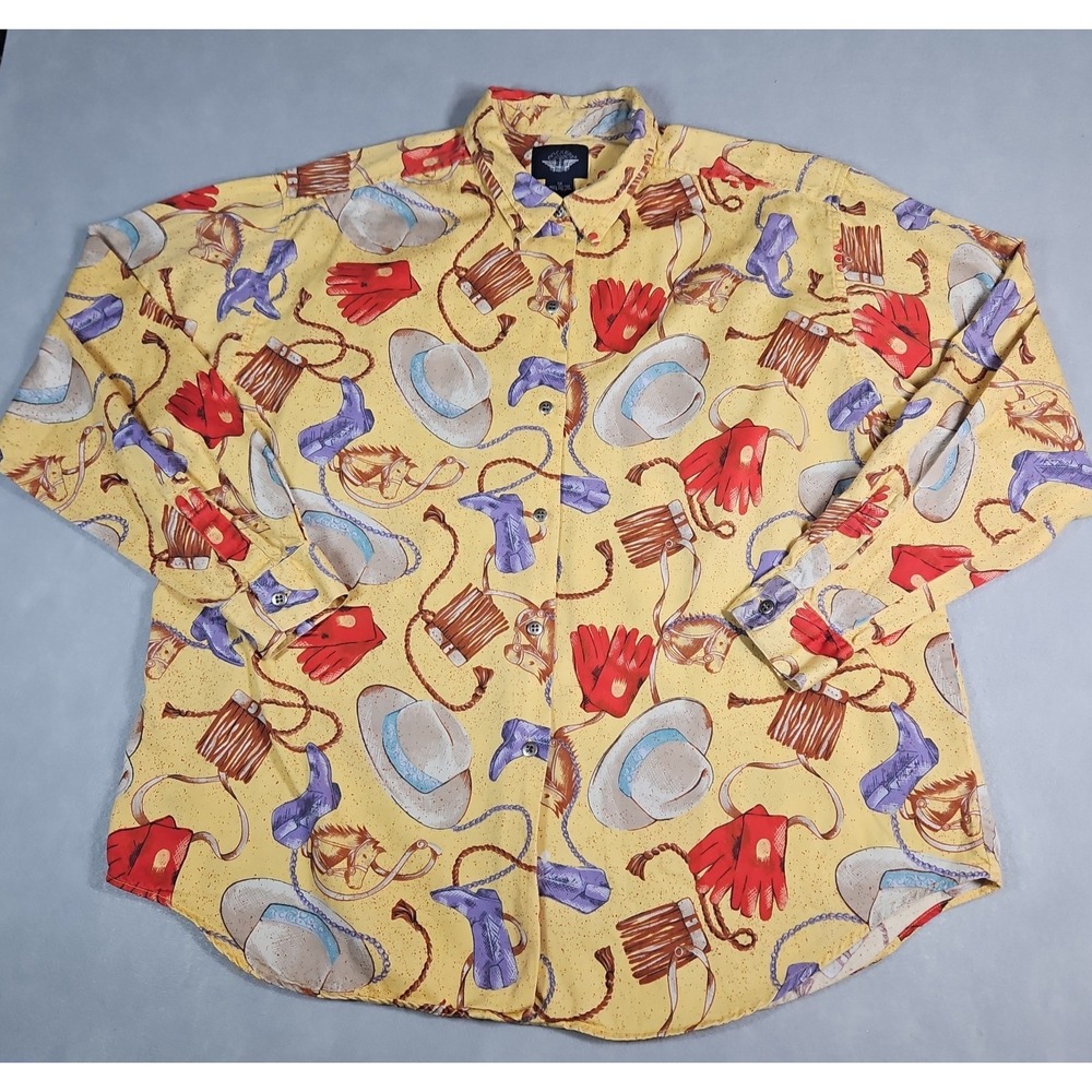 Dockers Womens Yellow Western Novelty Print Button Up Western Shirt Size 1X